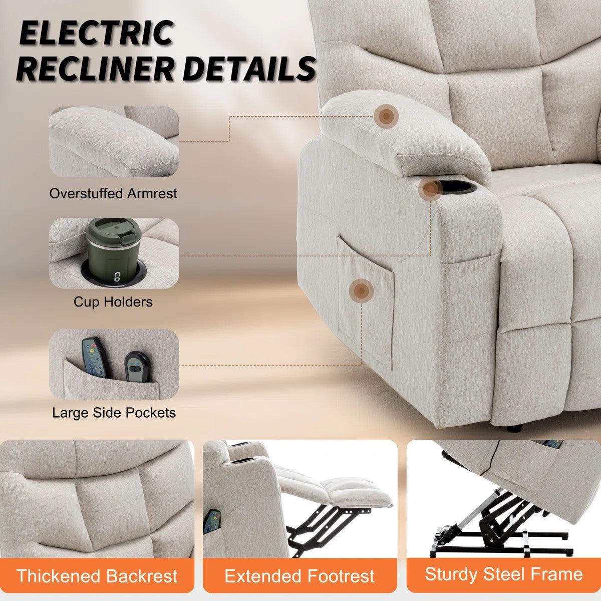 DUBOIS Khaki Linen 34" Wide x 42" Height Power-Lift Recliner | with Vibration-Massage, Heating and Cupholders