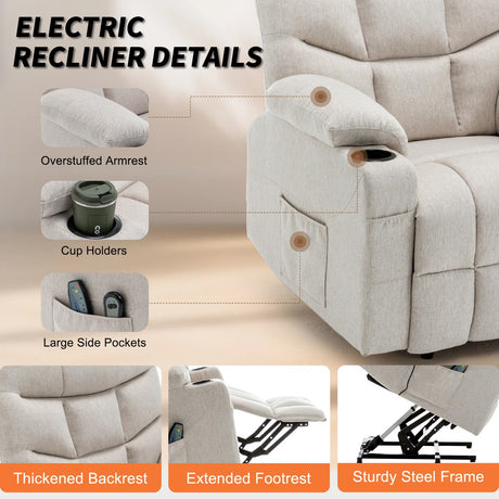 DUBOIS Khaki Linen 34" Wide x 42" Height Power-Lift Recliner | with Vibration-Massage, Heating and Cupholders