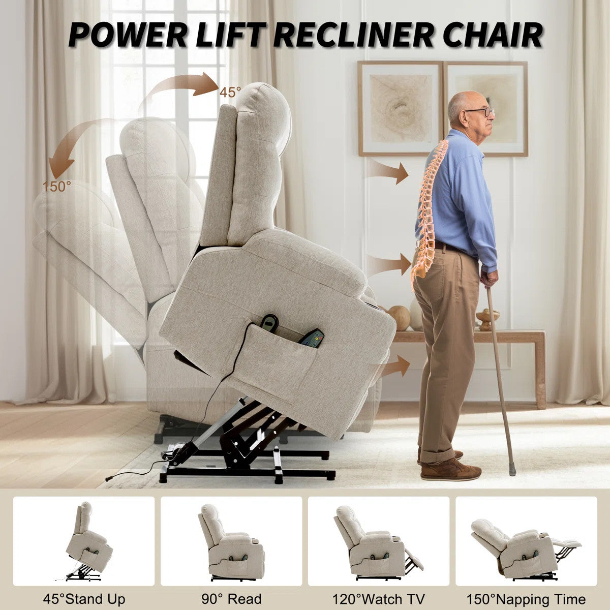 DUBOIS Khaki Linen 34" Wide x 42" Height Power-Lift Recliner | with Vibration-Massage, Heating and Cupholders