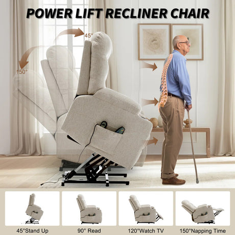 DUBOIS Khaki Linen 34" Wide x 42" Height Power-Lift Recliner | with Vibration-Massage, Heating and Cupholders