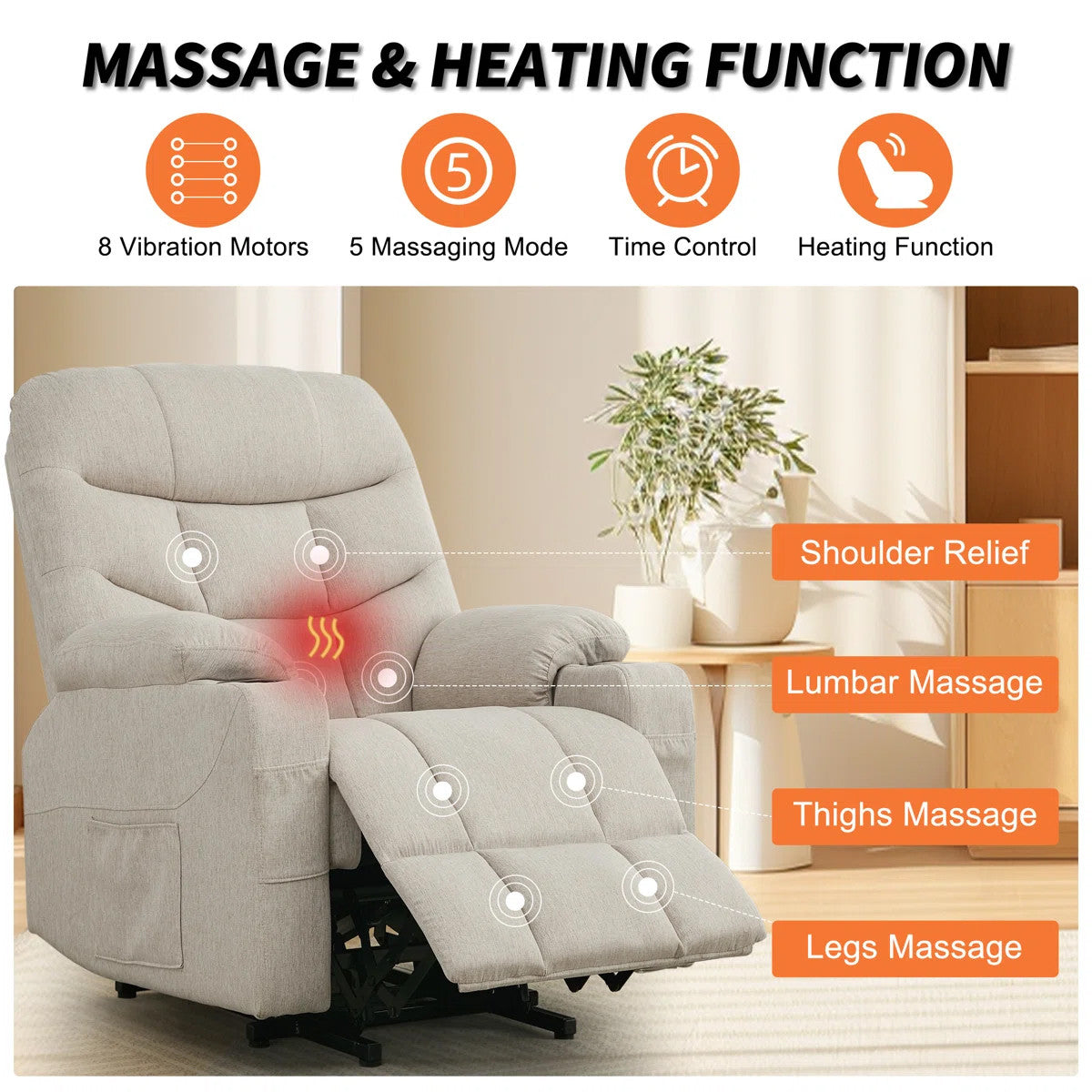 DUBOIS Khaki Linen 34" Wide x 42" Height Power-Lift Recliner | with Vibration-Massage, Heating and Cupholders