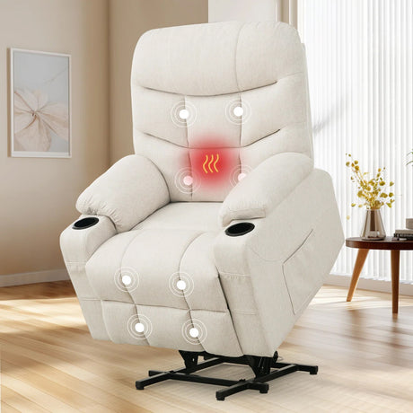 DUBOIS Beige Linen 34" Wide x 42" Height Power-Lift Recliner | with Vibration-Massage, Heating and Cupholders