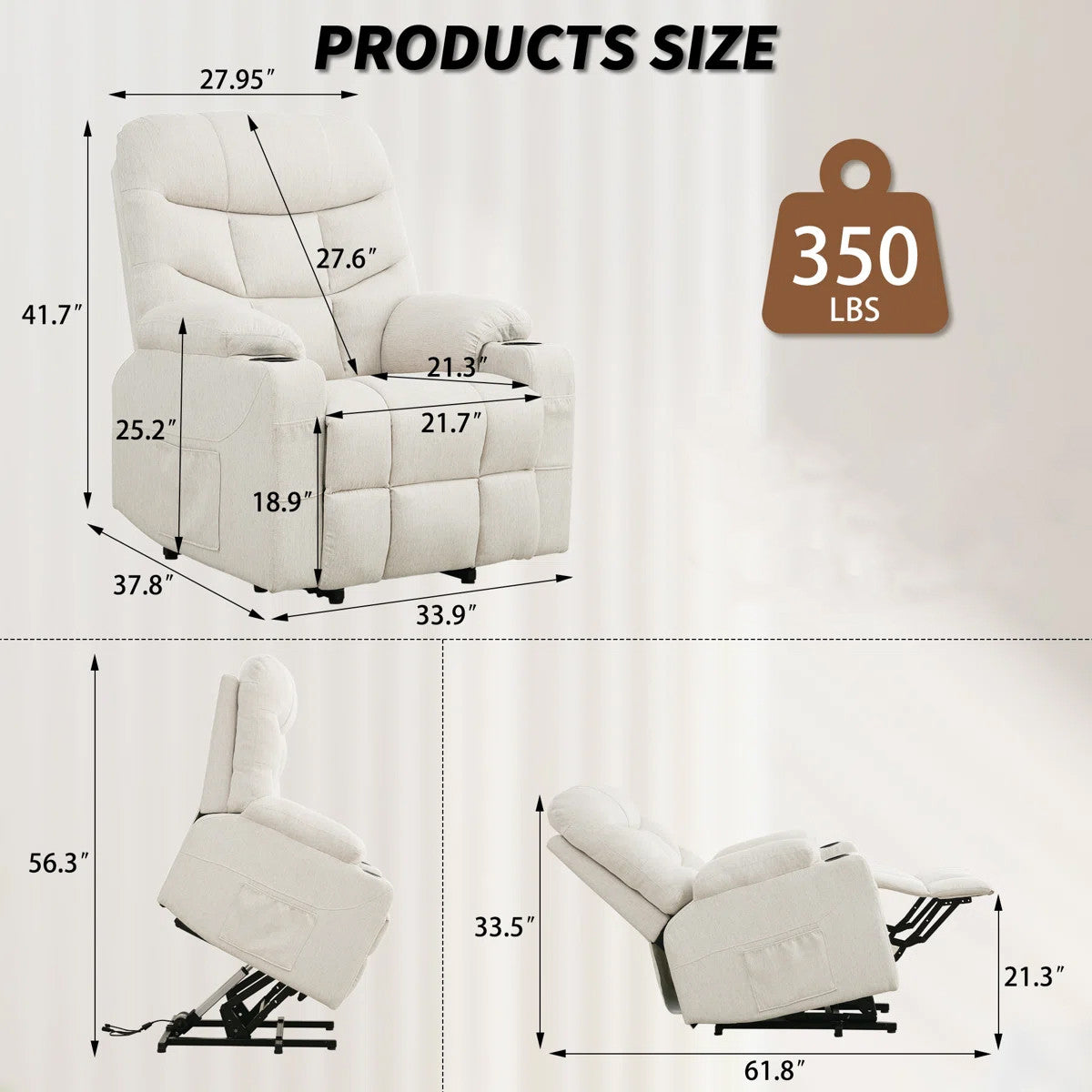 DUBOIS Beige Linen 34" Wide x 42" Height Power-Lift Recliner | with Vibration-Massage, Heating and Cupholders