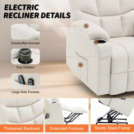 DUBOIS Beige Linen 34" Wide x 42" Height Power-Lift Recliner | with Vibration-Massage, Heating and Cupholders