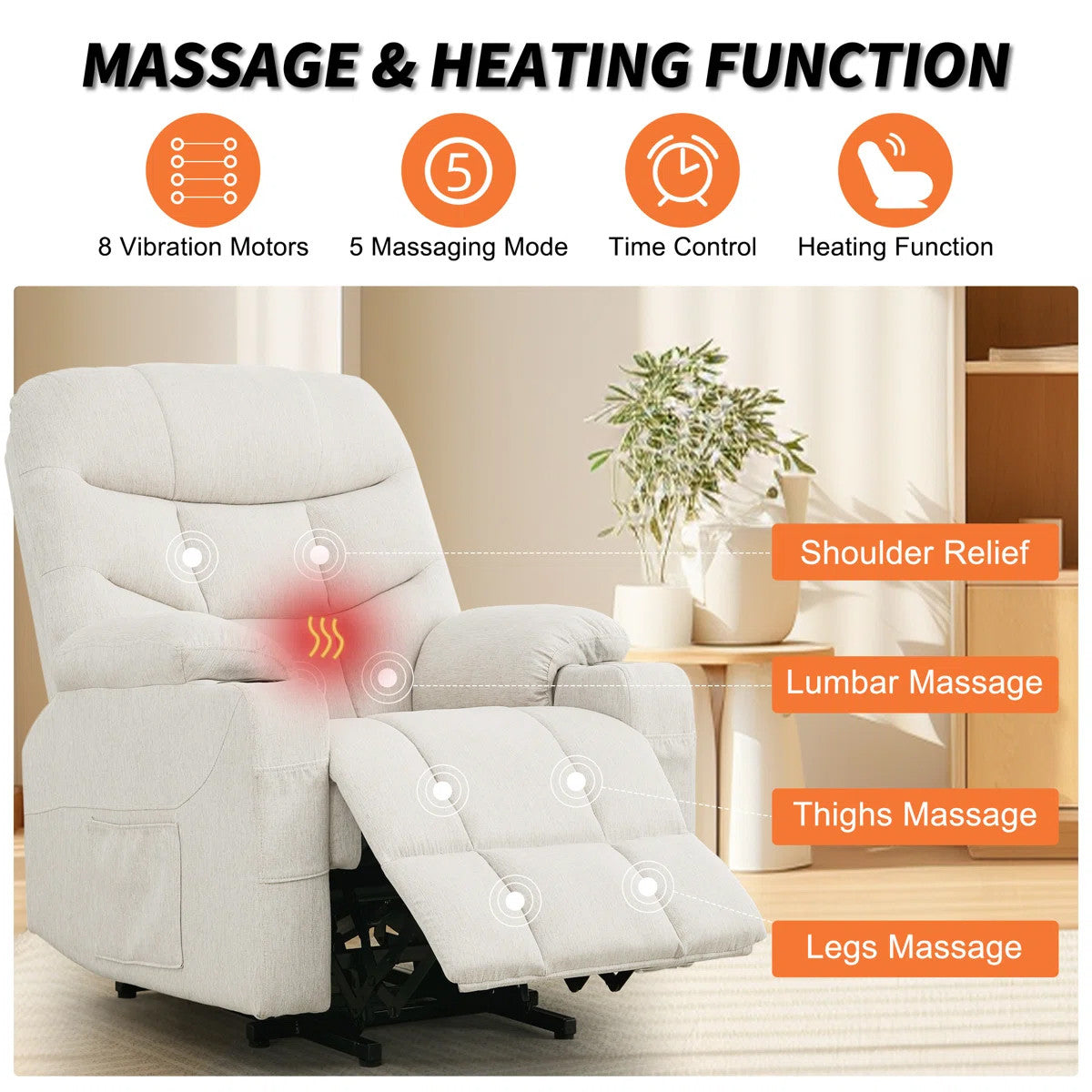DUBOIS Beige Linen 34" Wide x 42" Height Power-Lift Recliner | with Vibration-Massage, Heating and Cupholders