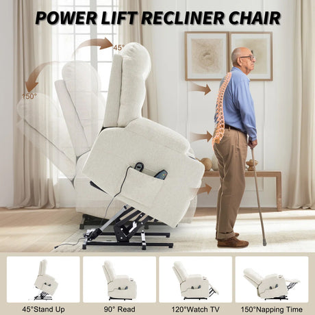 DUBOIS Beige Linen 34" Wide x 42" Height Power-Lift Recliner | with Vibration-Massage, Heating and Cupholders
