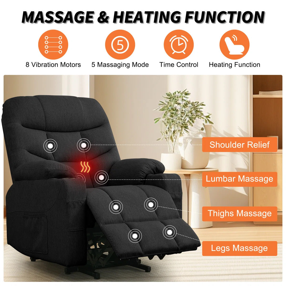 DUBOIS Black Linen 34" Wide x 42" Height Power-Lift Recliner | with Vibration-Massage, Heating and Cupholders