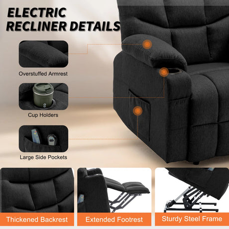 DUBOIS Black Linen 34" Wide x 42" Height Power-Lift Recliner | with Vibration-Massage, Heating and Cupholders