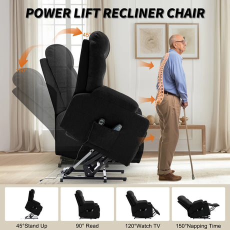 DUBOIS Black Linen 34" Wide x 42" Height Power-Lift Recliner | with Vibration-Massage, Heating and Cupholders