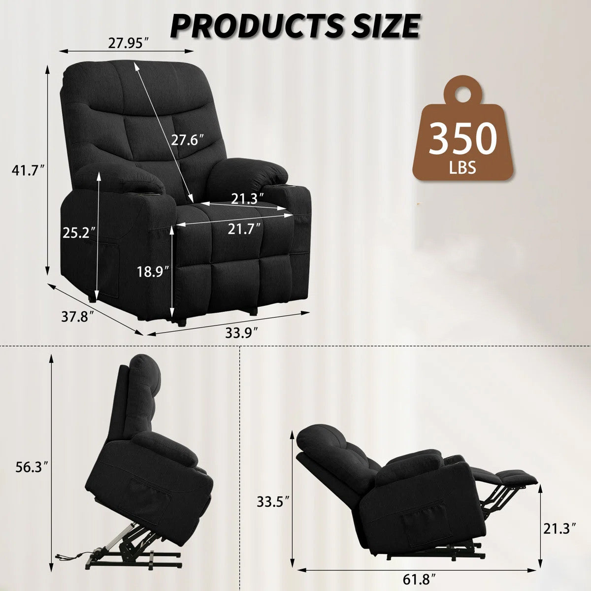 DUBOIS Black Linen 34" Wide x 42" Height Power-Lift Recliner | with Vibration-Massage, Heating and Cupholders