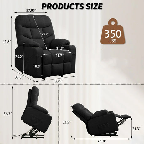 DUBOIS Black Linen 34" Wide x 42" Height Power-Lift Recliner | with Vibration-Massage, Heating and Cupholders