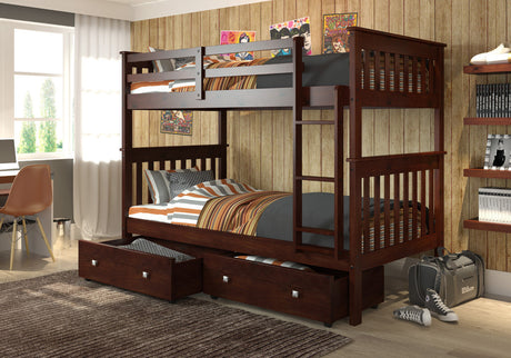 DERIK Dark Brown Twin Bunk Bed with Underbed Drawers