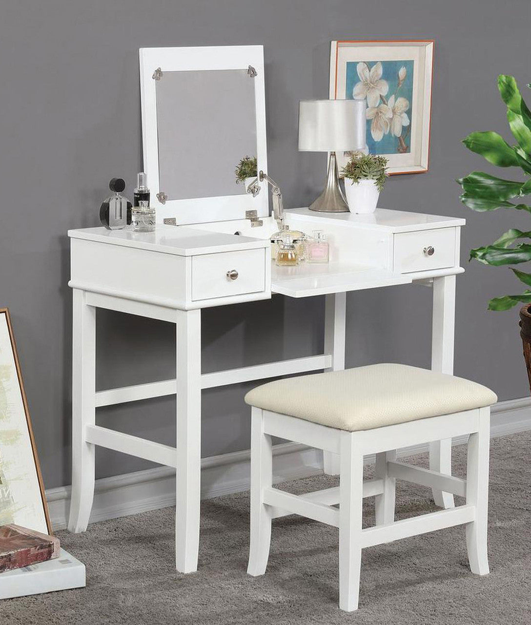 DORA White 36" Wide Lift-Mirror Vanity with Stool