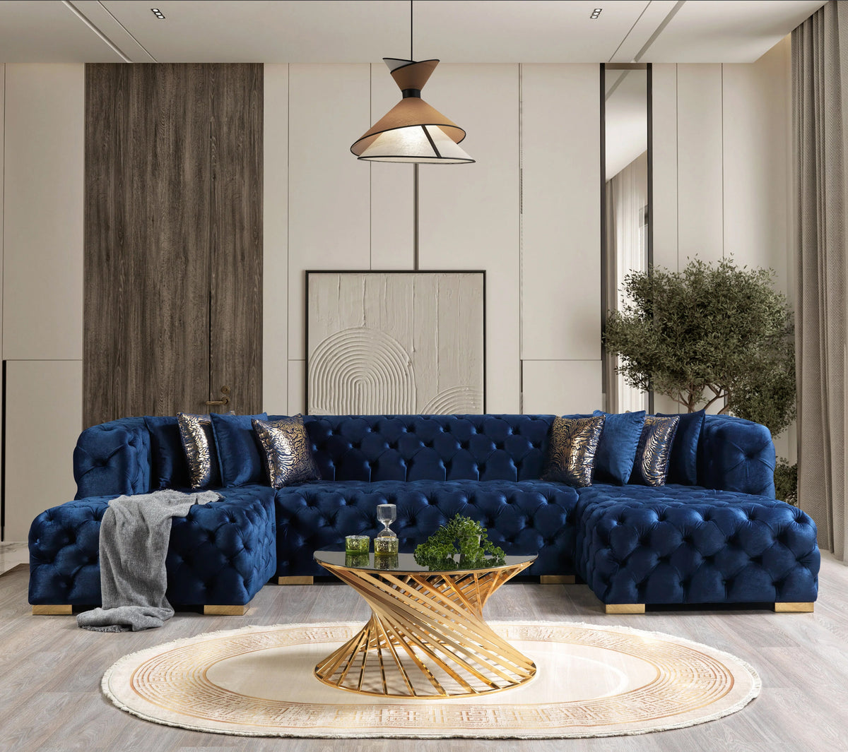 ELEGANTE Navy Blue Velvet 139" x 69" Double Chaise Sectional