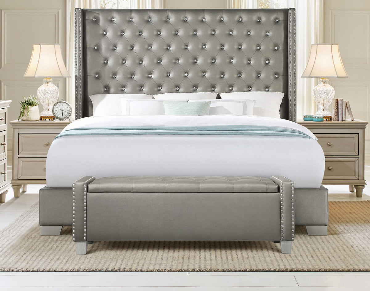 ELENA Silver Faux Leather 52" Wide Storage Bench