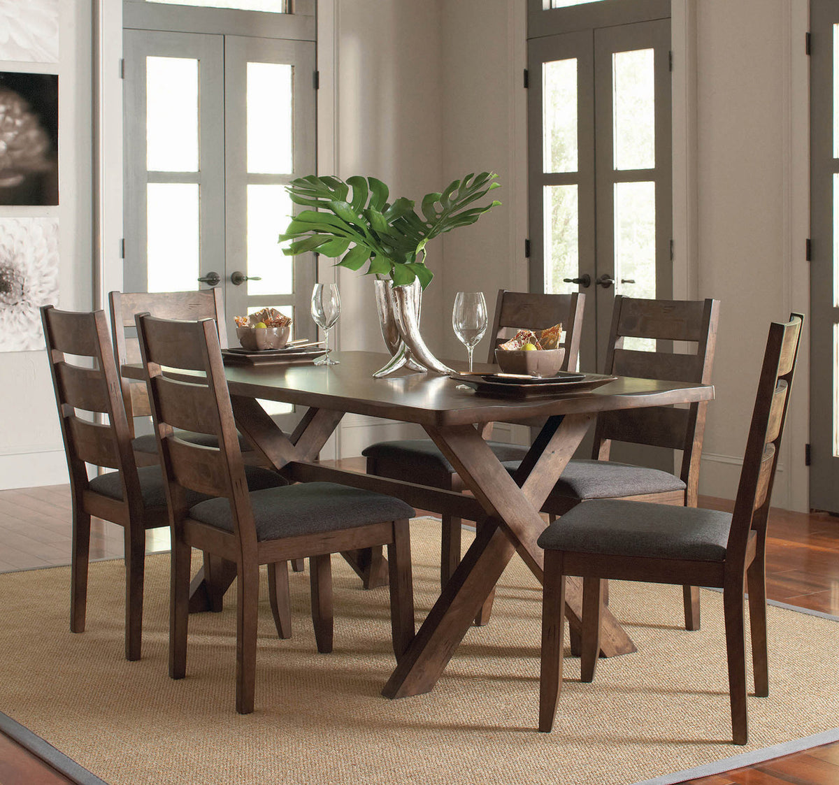 ELISUM Rustic Brown Trestle 7 Piece Dining Set