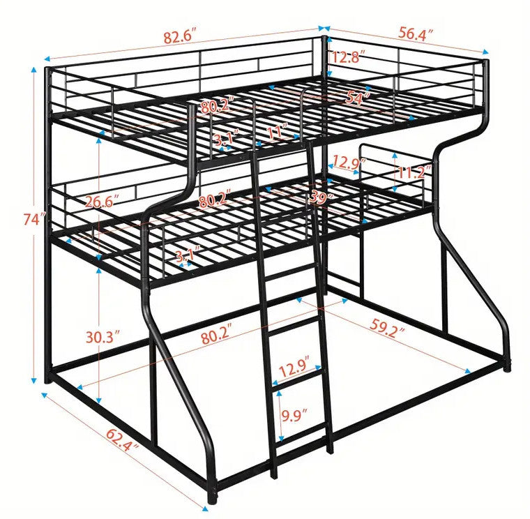 ELMCREEK Black Full over Twin over Queen Triple Platform Bunk Bed