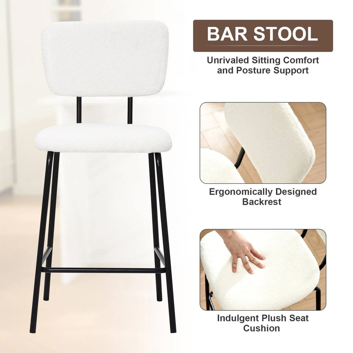 ELMWAY White Boucle/Sherpa 19" Wide Counter Height Bar Chair