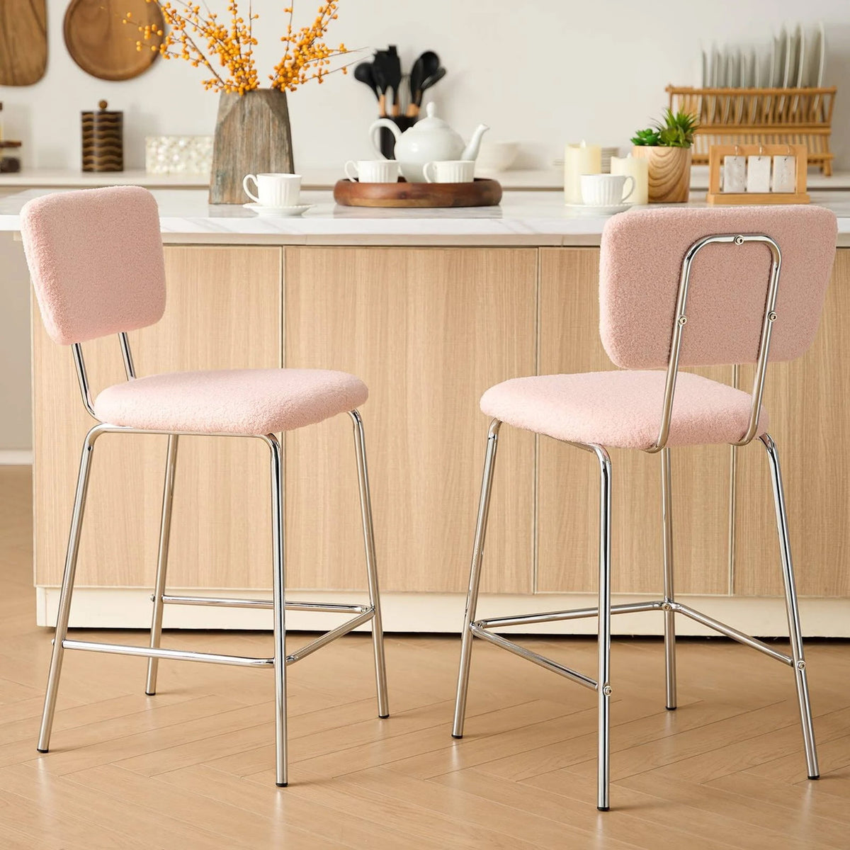 ELMWAY Pink Boucle/Sherpa 19" Wide Counter Height Bar Chair