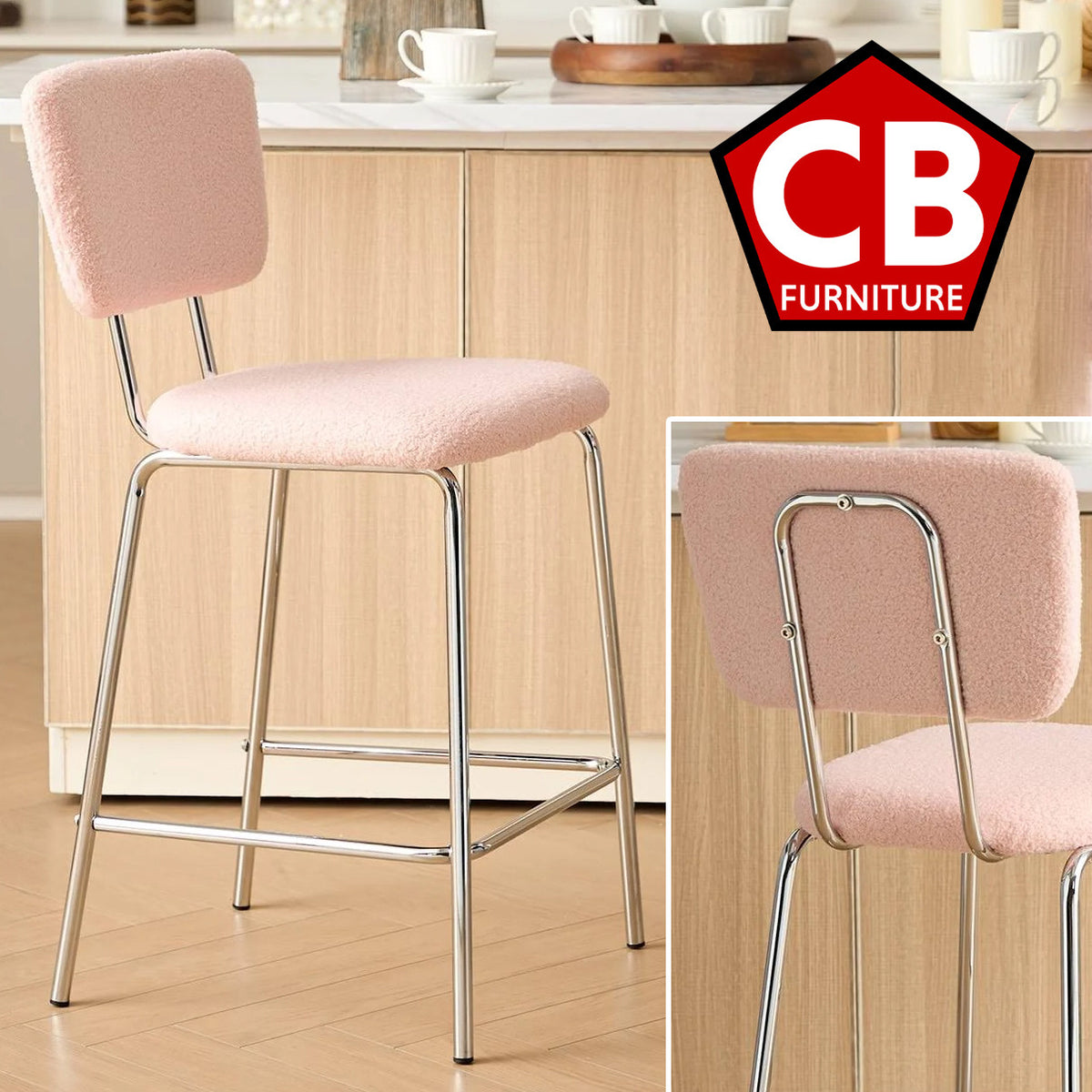 ELMWAY Pink Boucle/Sherpa 19" Wide Counter Height Bar Chair