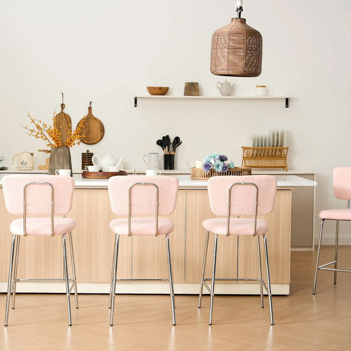 ELMWAY Pink Boucle/Sherpa 19" Wide Counter Height Bar Chair
