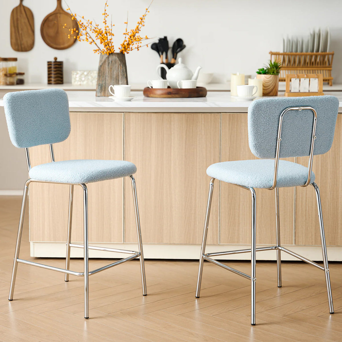 ELMWAY Blue Boucle/Sherpa 19" Wide Counter Height Bar Chair