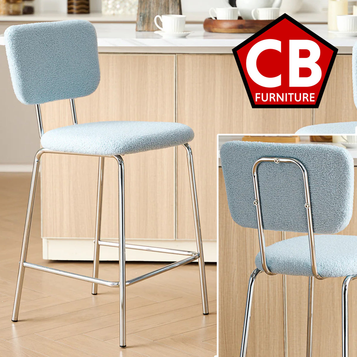 ELMWAY Blue Boucle/Sherpa 19" Wide Counter Height Bar Chair