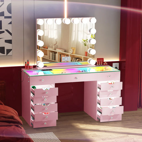 EVA RGB Plus Pink 60" Wide Vanity Desk Set with 13 Storage Drawers and 15 Bulbs Light Mirror