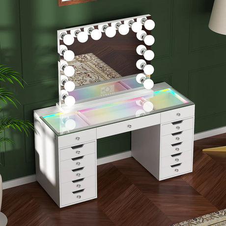 EVA RGB Plus White 60" Wide Vanity Desk Set with 13 Storage Drawers and 15 Bulbs Light Mirror