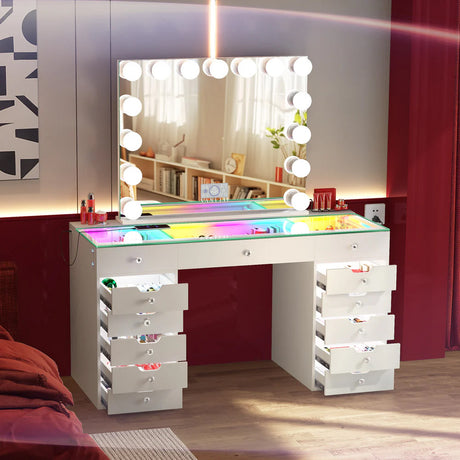 EVA RGB Plus White 60" Wide Vanity Desk Set with 13 Storage Drawers and 15 Bulbs Light Mirror