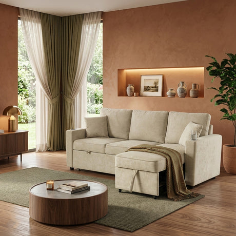 EVERLAND Beige 82" Wide Sectional with Pull-Out Sleeper