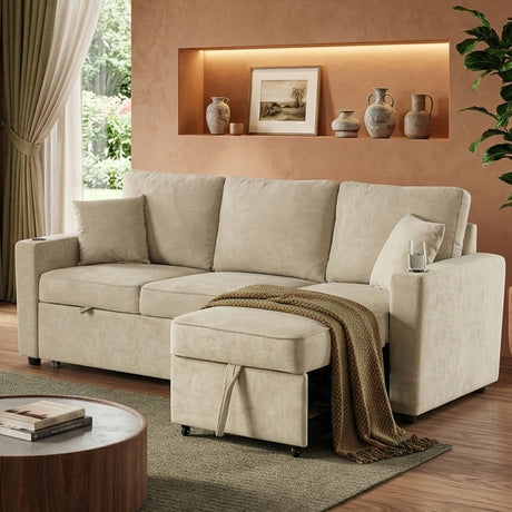 EVERLAND Beige 82" Wide Sectional with Pull-Out Sleeper