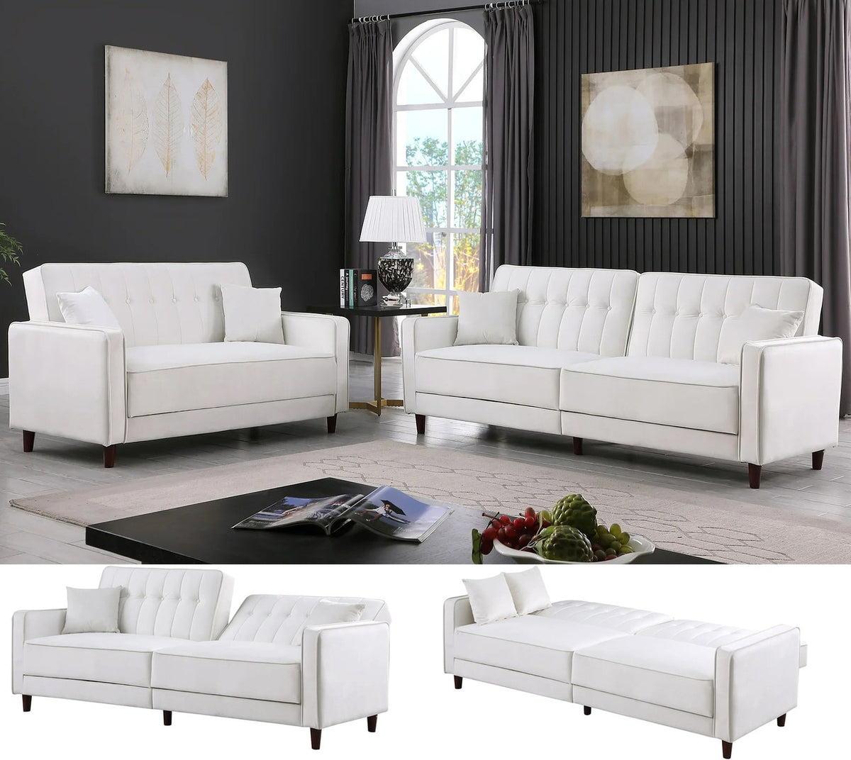 EZBIETA Cream Velvet Sofa Bed & Loveseat Bed (RTA)