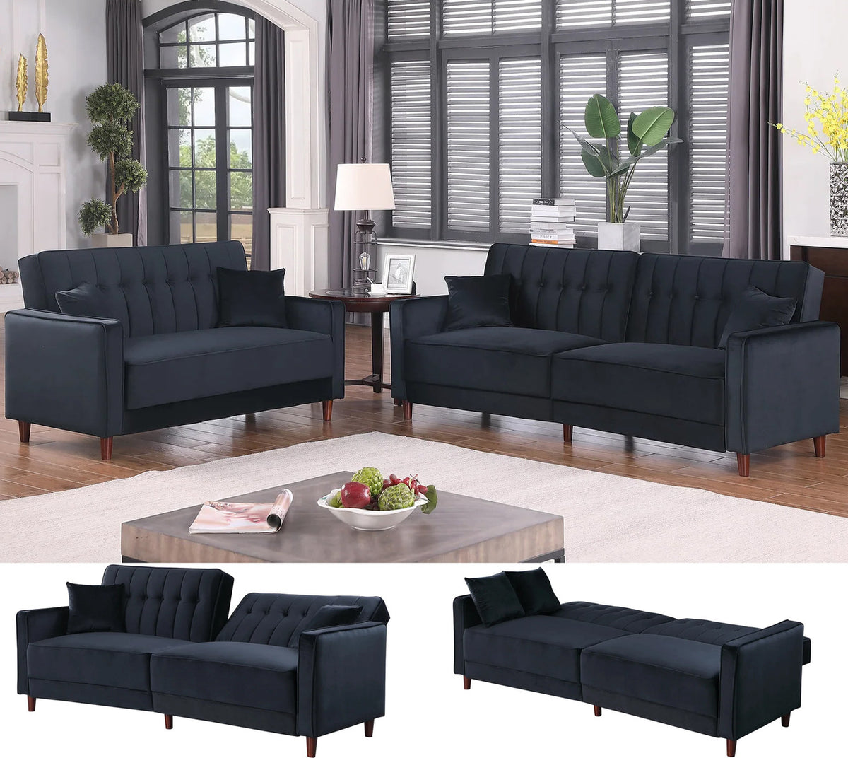 EZBIETA Black Velvet Sofa Bed & Loveseat Bed (RTA)