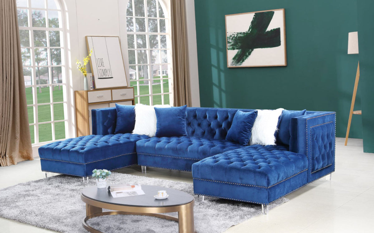 EZIRA Blue Velvet 123" Wide Double Chaise Sectional