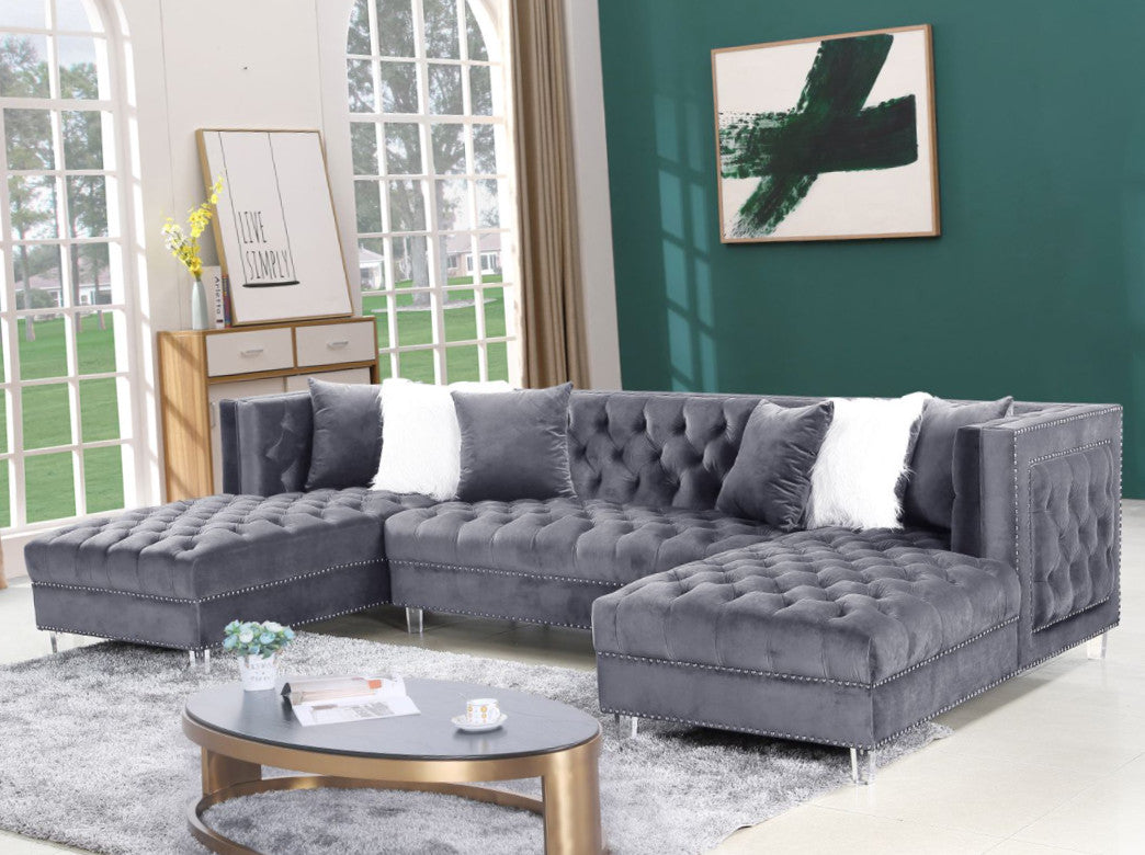 EZIRA Gray Velvet 123" Wide Double Chaise Sectional