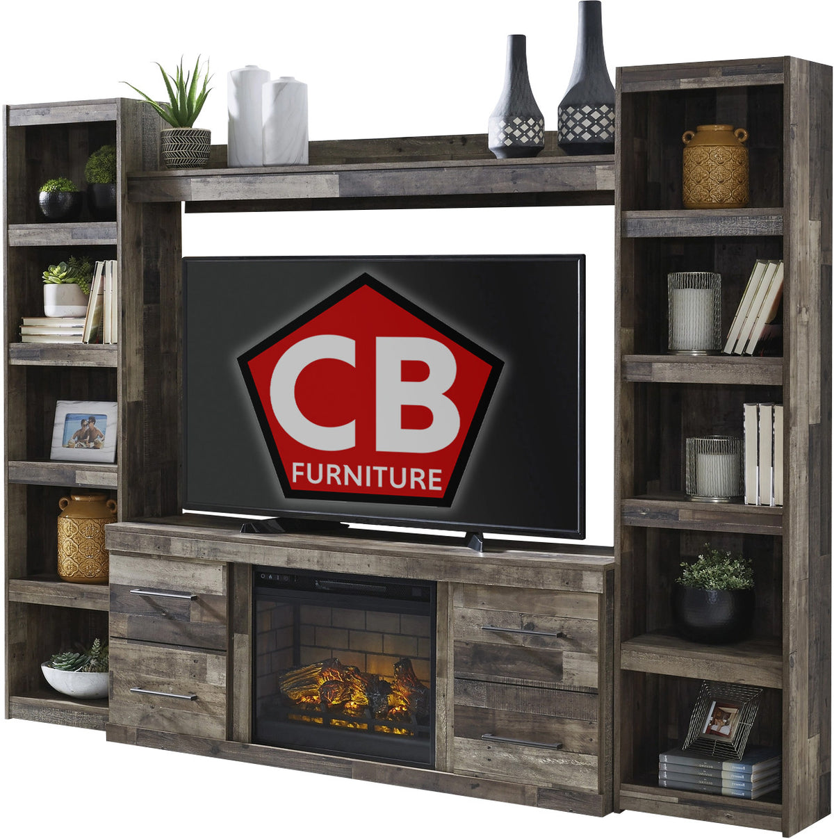 MORIC Brown 95" Wide Wall Unit with Fireplace (RTA)