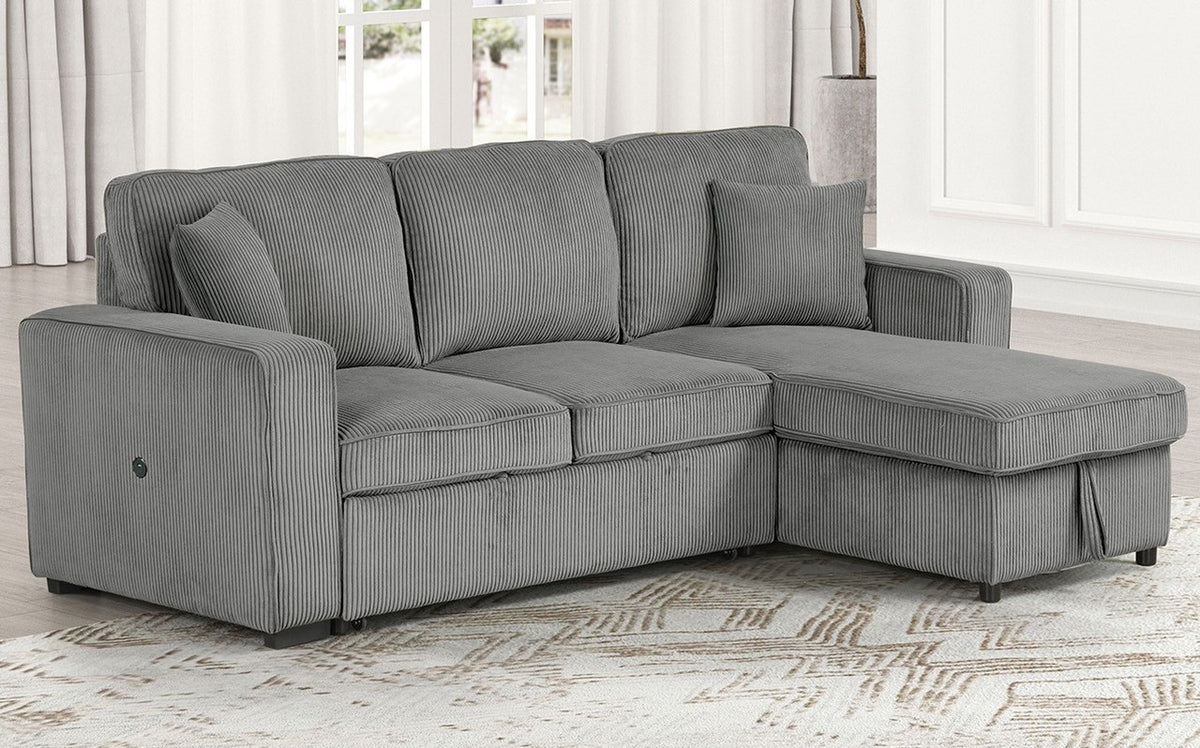 FARAH Gray 93" Wide Reversible Corduroy Sectional with Pull-Out Sleeper & Storage