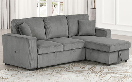 FARAH Gray 93" Wide Reversible Corduroy Sectional with Pull-Out Sleeper & Storage