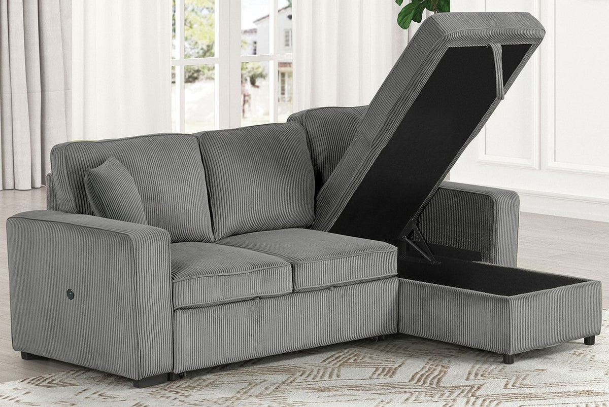 FARAH Gray 93" Wide Reversible Corduroy Sectional with Pull-Out Sleeper & Storage