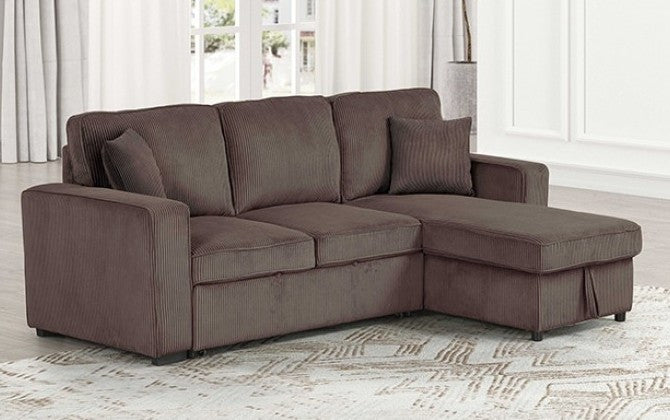 FARAH Brown 93" Wide Reversible Corduroy Sectional with Pull-Out Sleeper & Storage