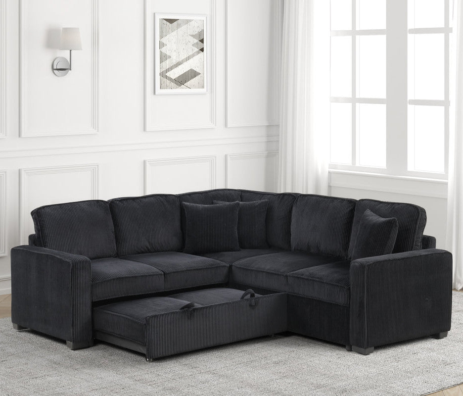 FAZIOLI Black Corduroy 84" x 84" Sectional with Pull-Out Sleeper