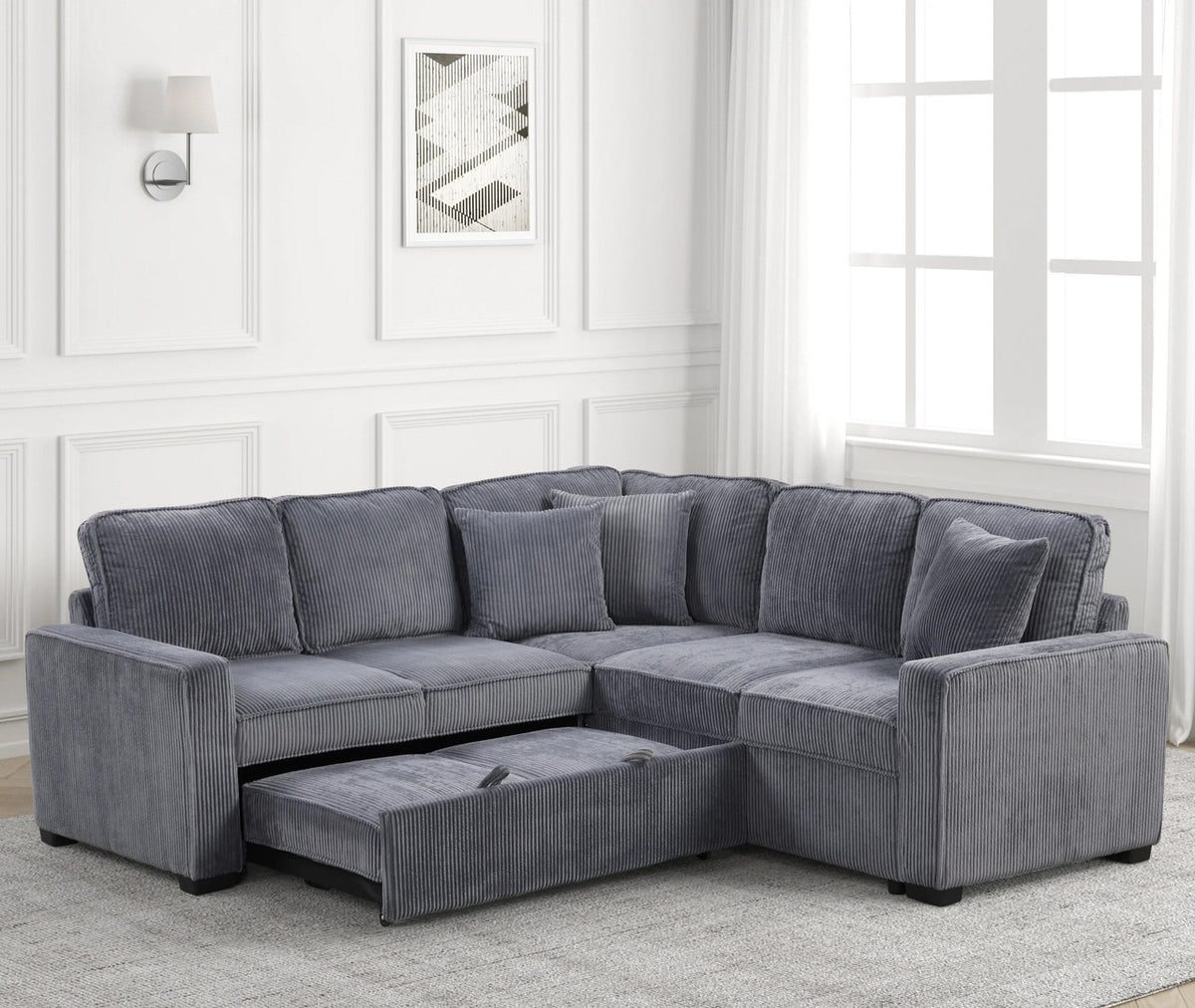 FAZIOLI Gray Corduroy 84" x 84" Sectional with Pull-Out Sleeper