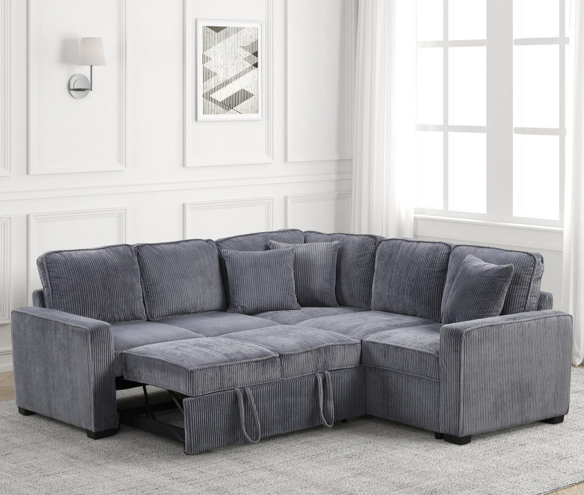 FAZIOLI Gray Corduroy 84" x 84" Sectional with Pull-Out Sleeper