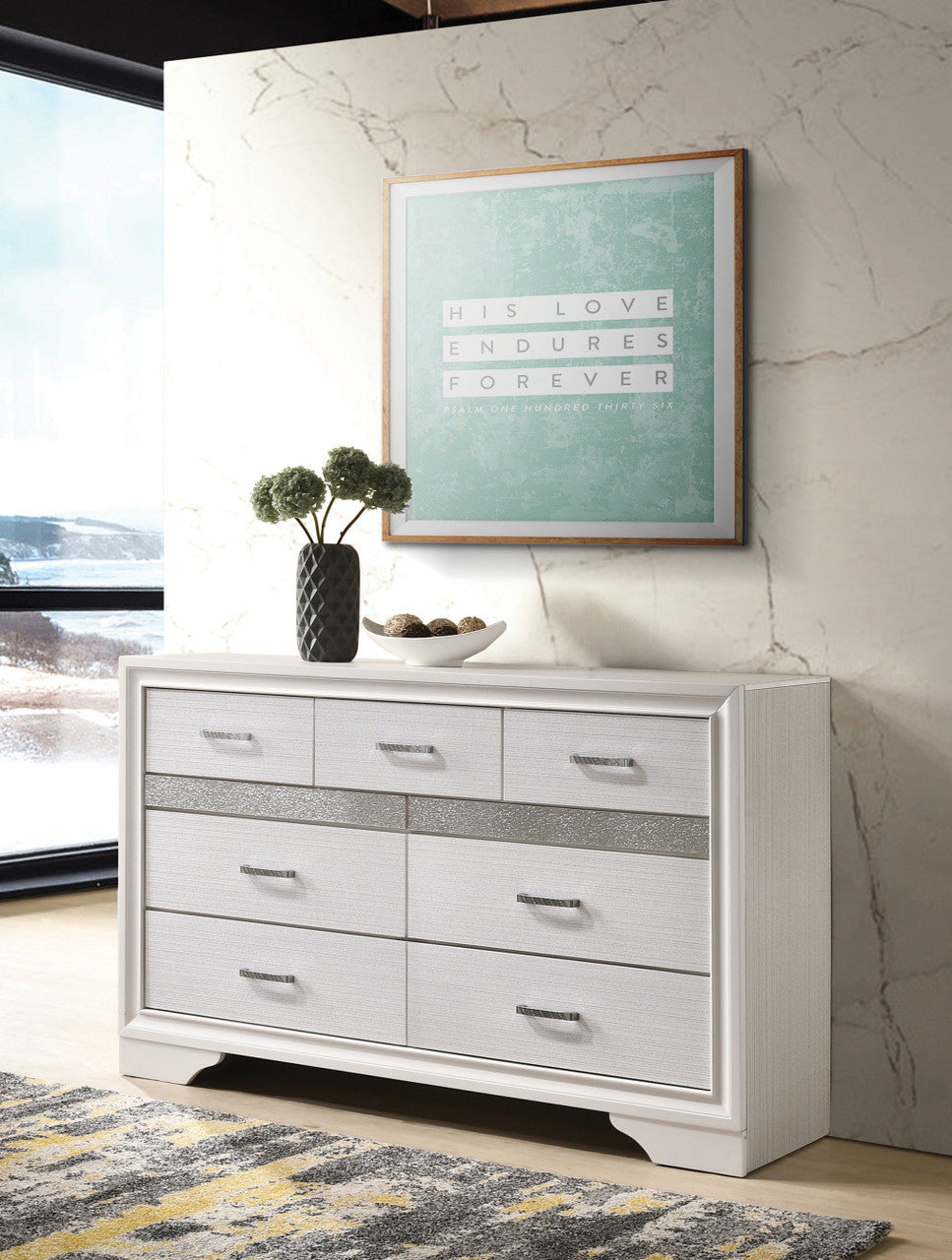 FELIZA White 63" Wide Dresser with Hidden Drawers