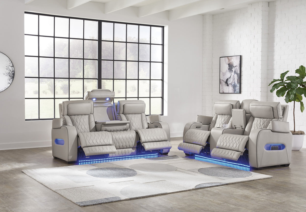 FINEZA Light Gray 100% Leather Power Reclining Sofa & Loveseat