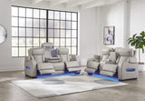 FINEZA Light Gray 100% Leather Power Reclining Sofa & Loveseat
