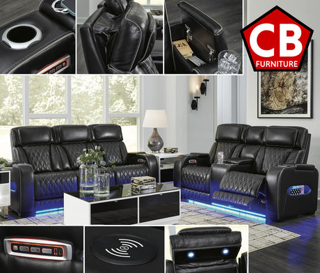 FINEZA Black 100% Leather Power Reclining Sofa & Loveseat