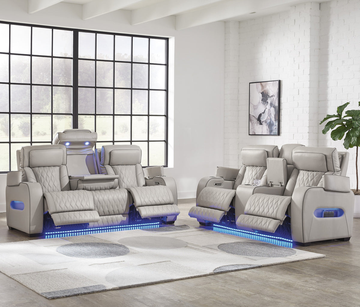 FINEZA Light Gray 100% Leather 86" Wide Power Reclining Sofa with Massage