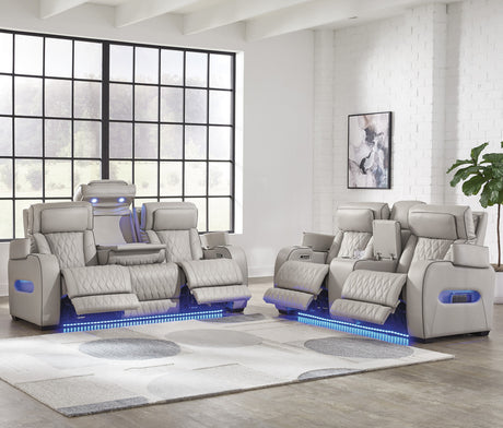 FINEZA Light Gray 100% Leather 86" Wide Power Reclining Sofa with Massage